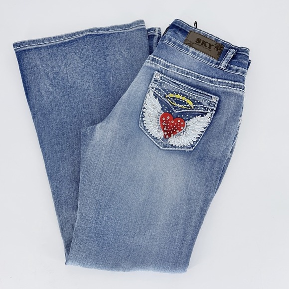 Sky Denim - SKY Premium Collection Heart Angel Wings Halo Bling Rhinestone Flare Jeans 13